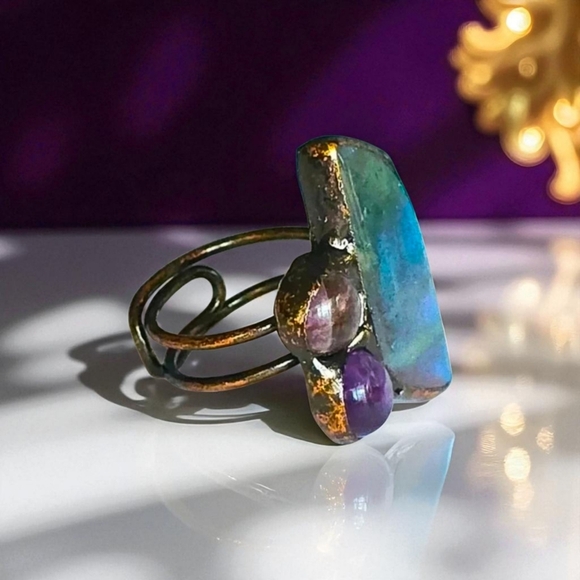 🆕️Boho Chic Labradorite & Amethyst Adjustable Copper Ring Rustic Vintage Style - Picture 10 of 16